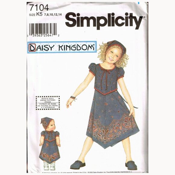 Simplicity 7104 Daisy Kingdom V-Hem Dres with Matching Doll Dress Girls 7-14 - Picture 1 of 4